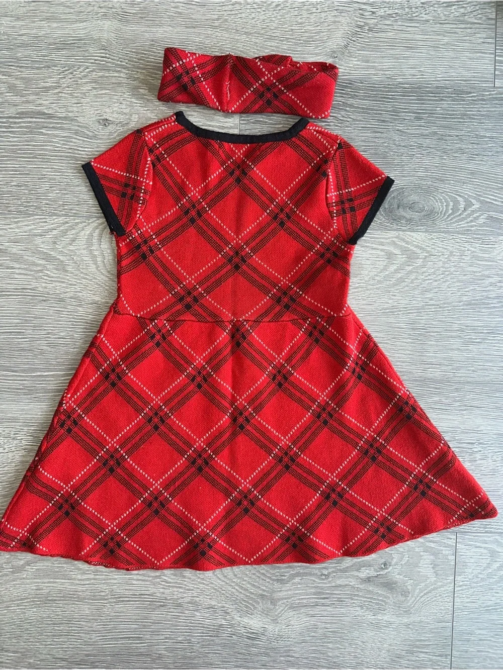 Nannette Girls Holiday Dress headband wrap 4T red black white plaid